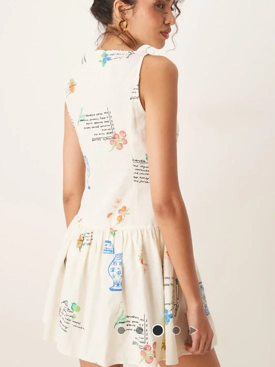 ASOS Sleeveless Cream Printed Drop-Waist Mini Dress SZ 12 - Picture 2 of 11